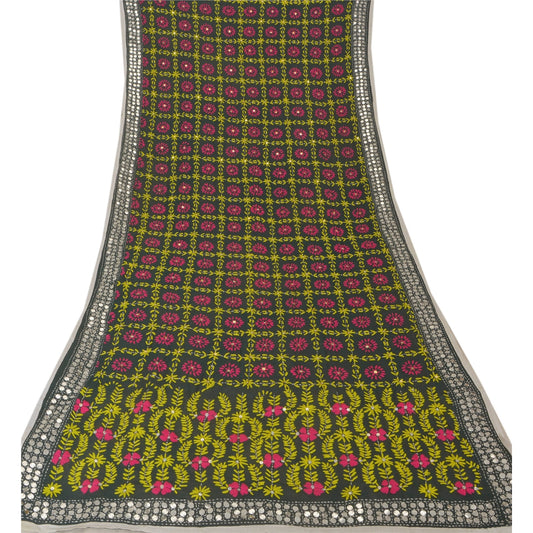 Sanskriti Vintage Dupatta Long Stole Black OOAK Hand Embroidered Phulkari Scarf