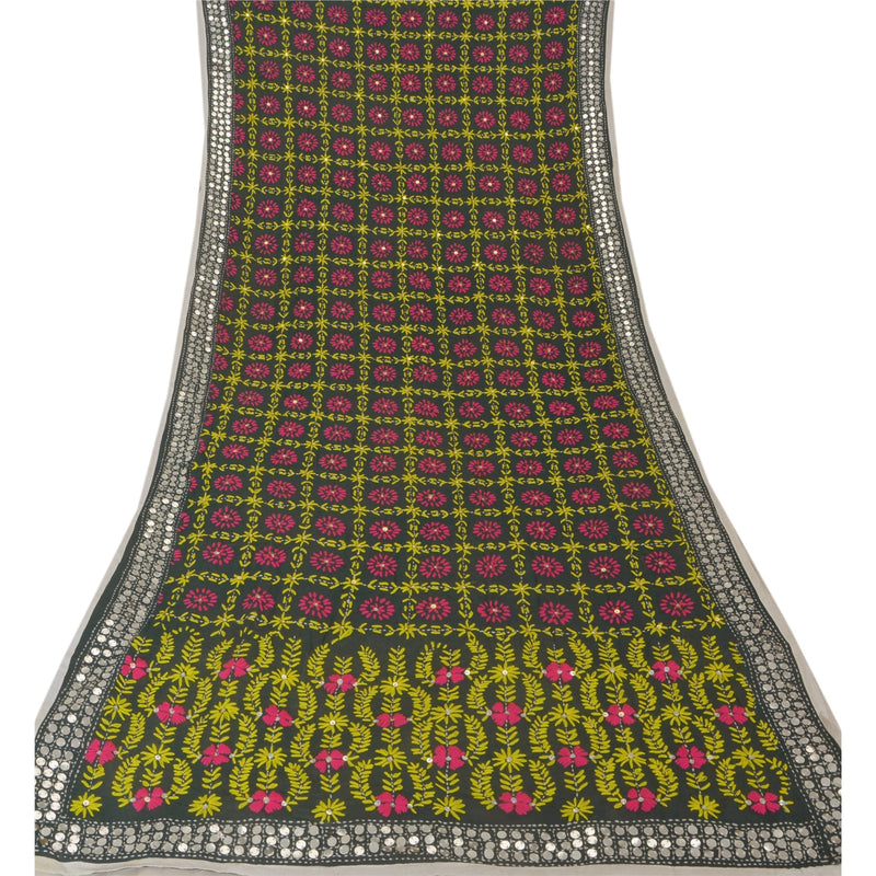 Sanskriti Vintage Dupatta Long Stole Black OOAK Hand Embroidered Phulkari Scarf