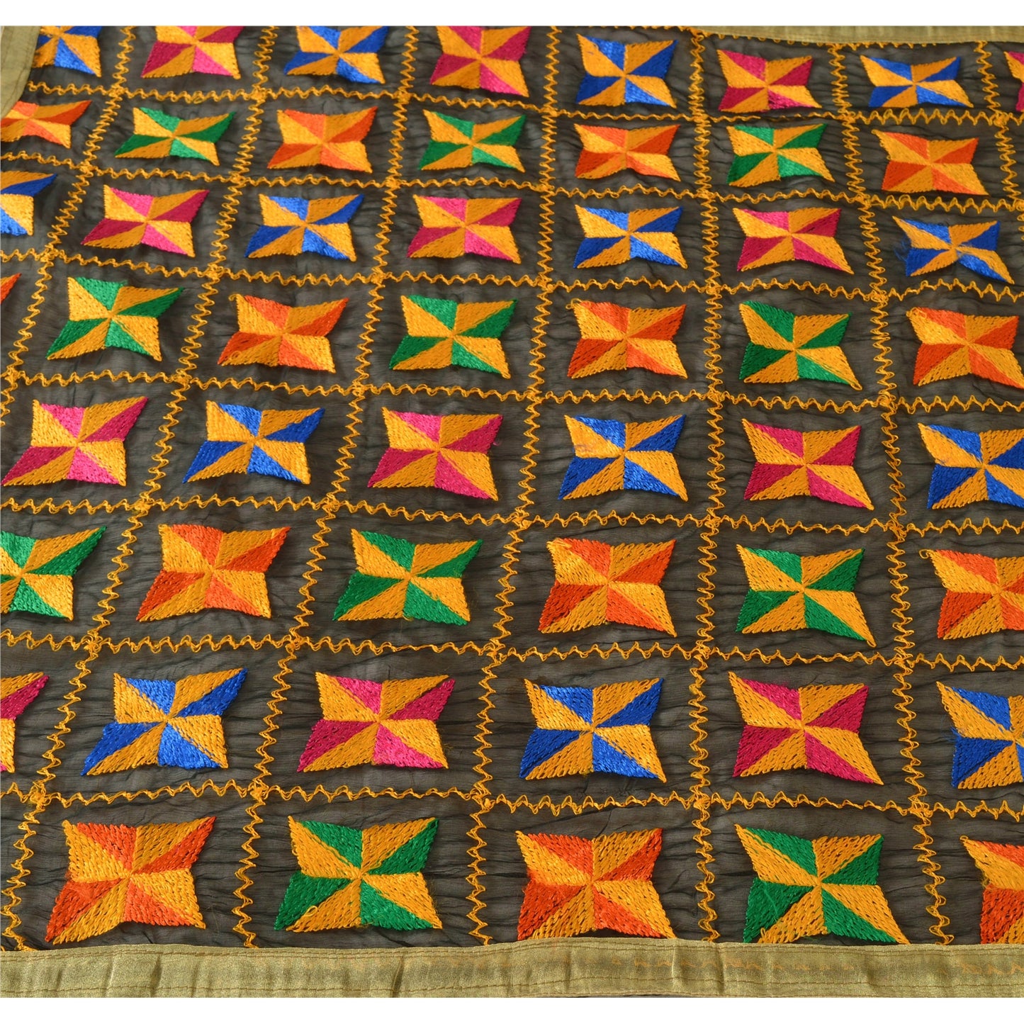 Sanskriti Vintage Black Dupatta Embroidered Chiffon Silk Bagh Phulkari Stole