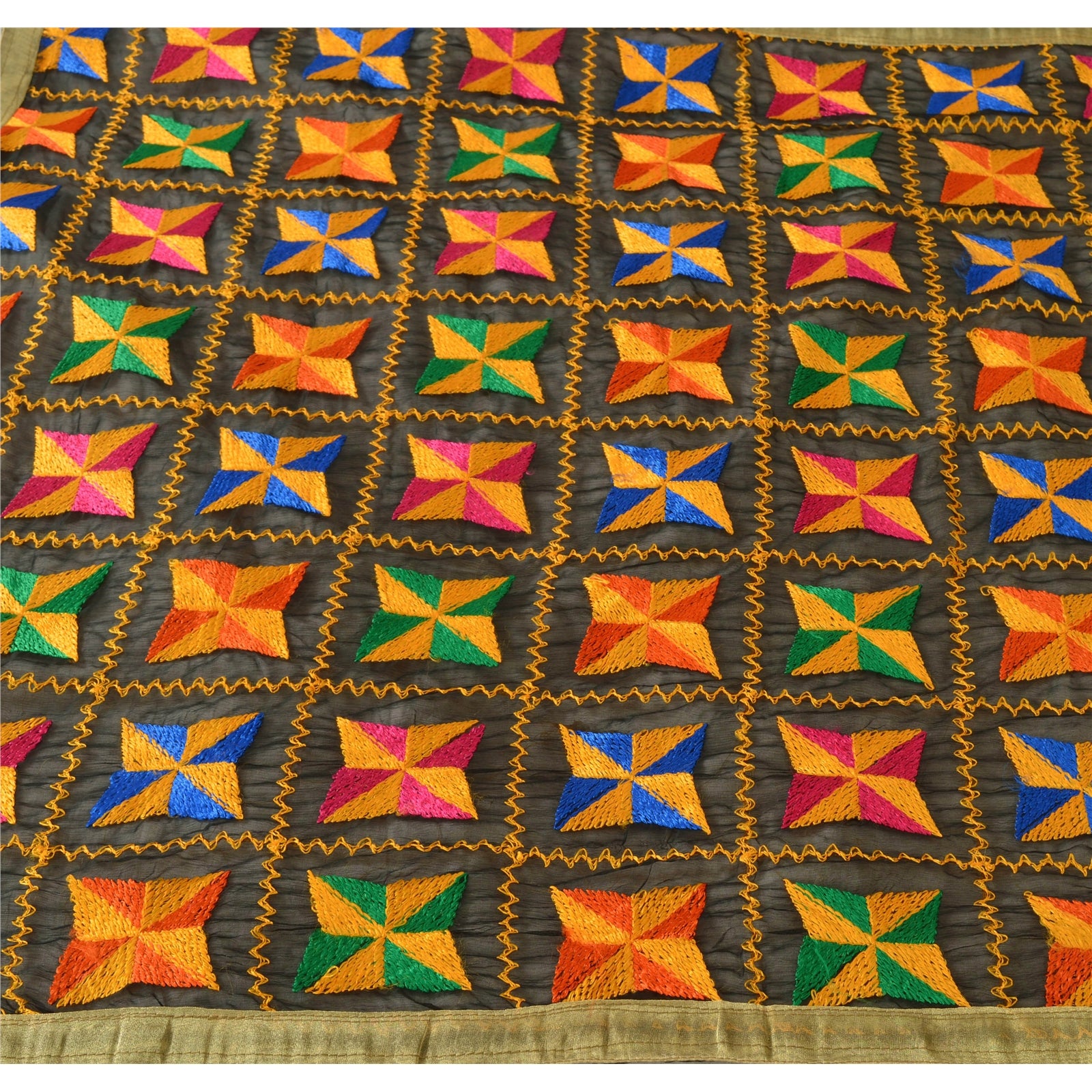 Sanskriti Vintage Black Dupatta Embroidered Chiffon Silk Bagh Phulkari Stole UsedNeckscarf Long Headscarf Handmade Ethnic Wrap For Women