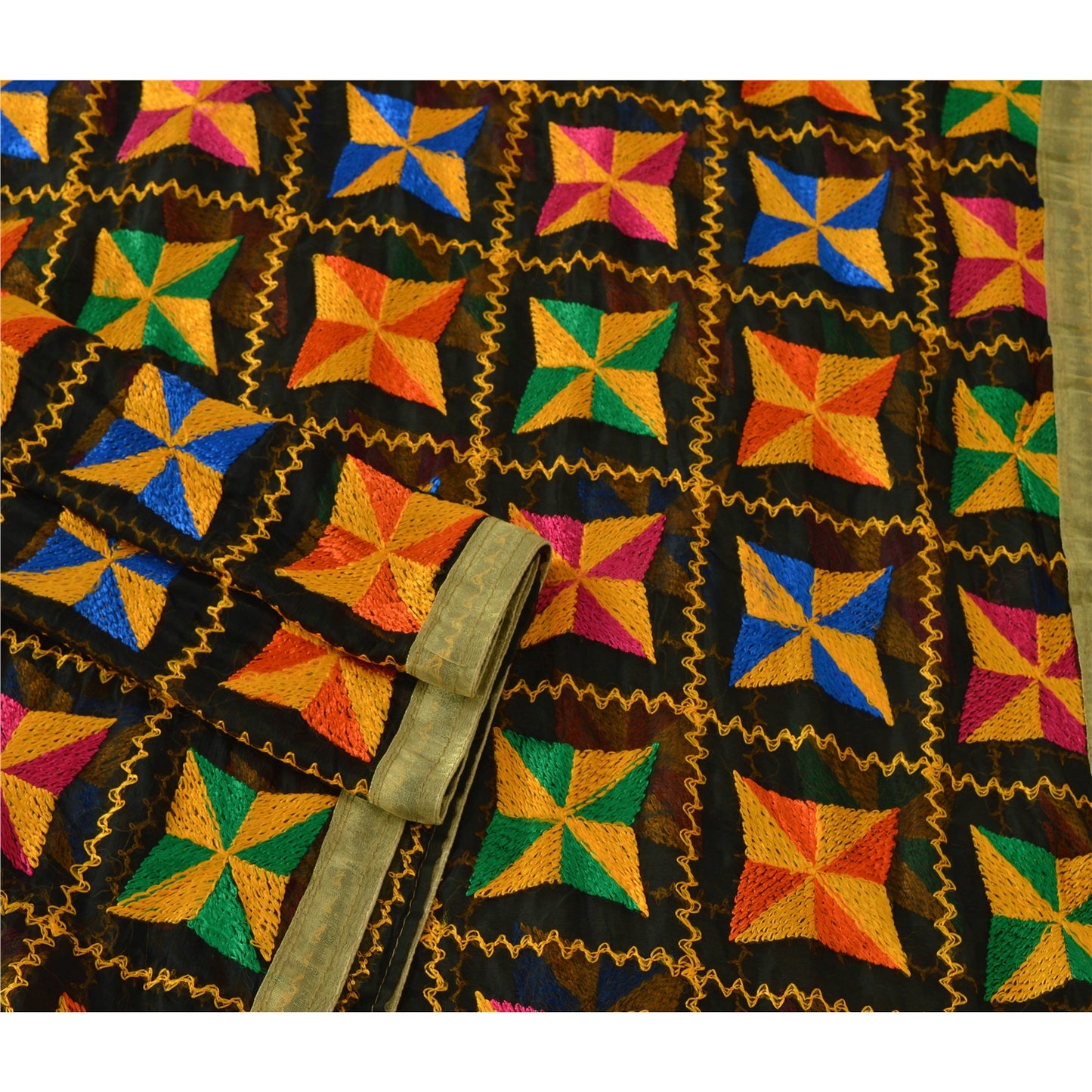 Sanskriti Vintage Black Dupatta Embroidered Chiffon Silk Bagh Phulkari Stole