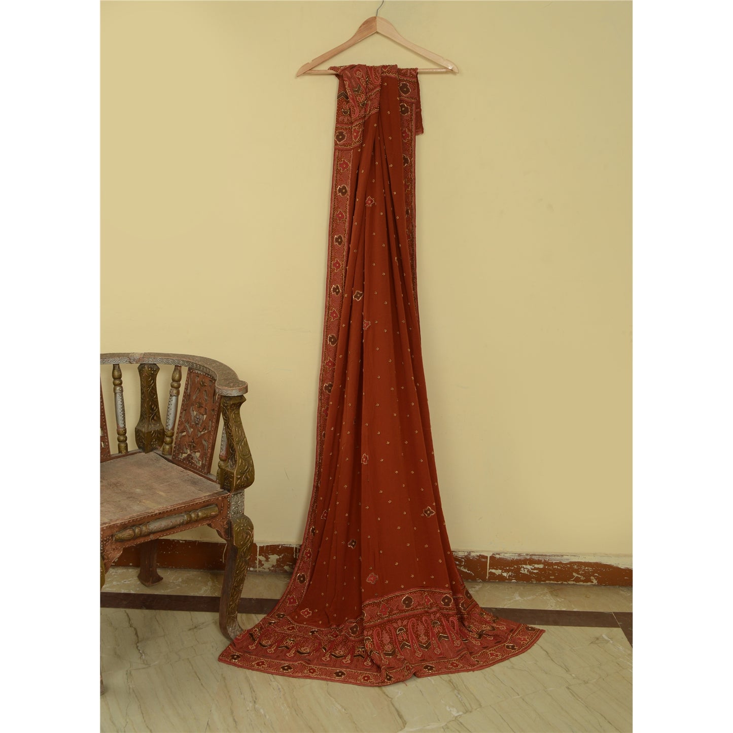 Sanskriti Vintage Rusty Orange Dupatta Long Stole Pure Crepe Silk Hand Beaded