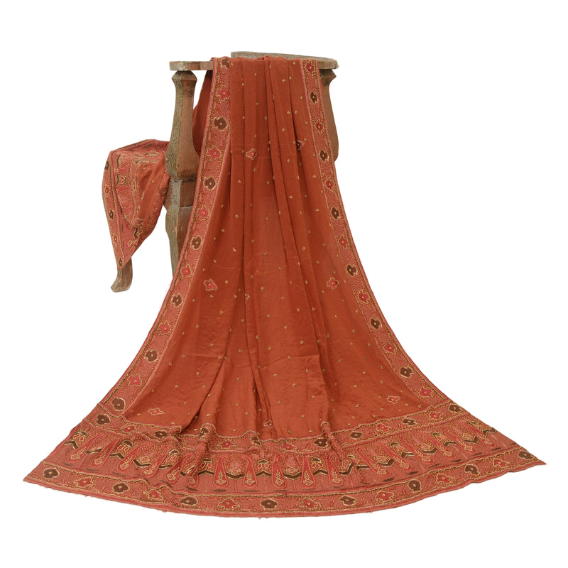 Sanskriti Vintage Rusty Orange Dupatta Long Stole Pure Crepe Silk Hand Beaded