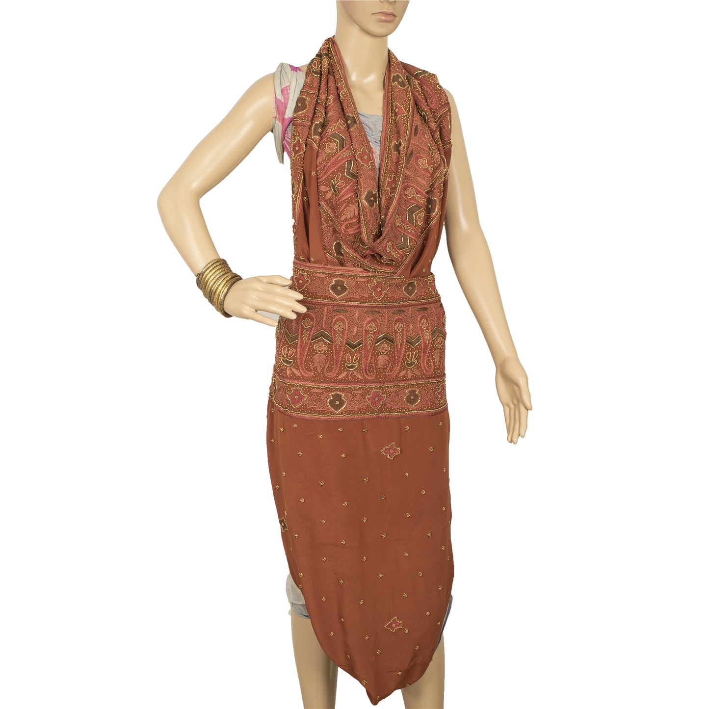Sanskriti Vintage Rusty Orange Dupatta Long Stole Pure Crepe Silk Hand Beaded