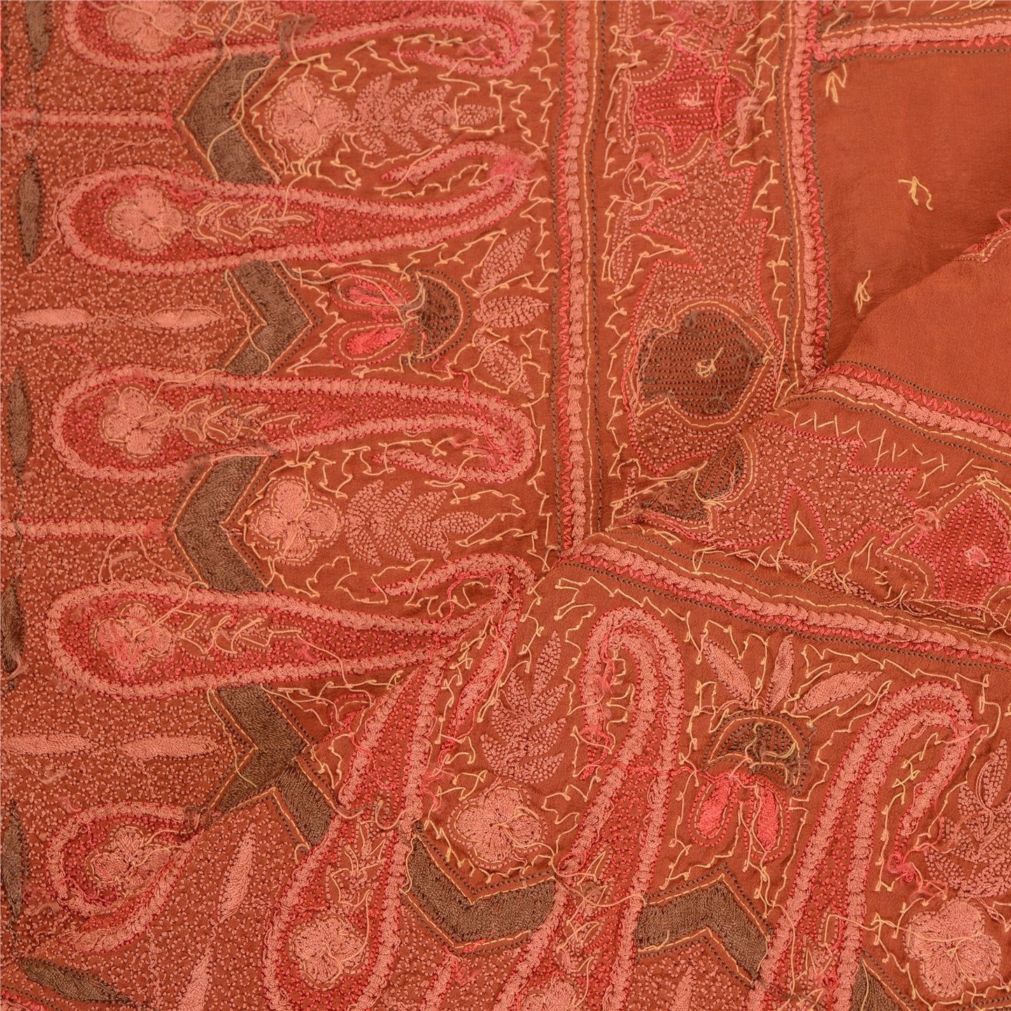 Sanskriti Vintage Rusty Orange Dupatta Long Stole Pure Crepe Silk Hand Beaded