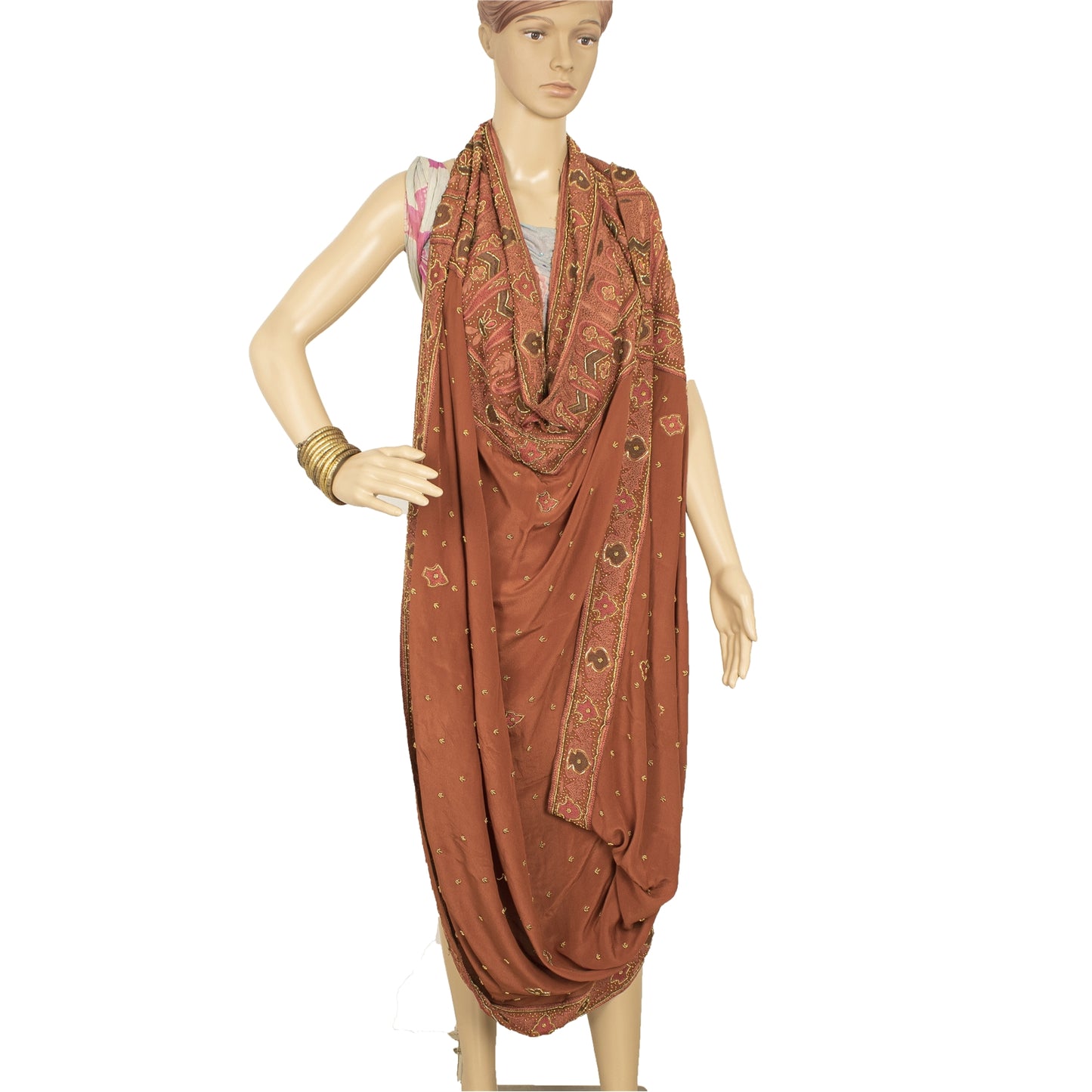 Sanskriti Vintage Rusty Orange Dupatta Long Stole Pure Crepe Silk Hand Beaded
