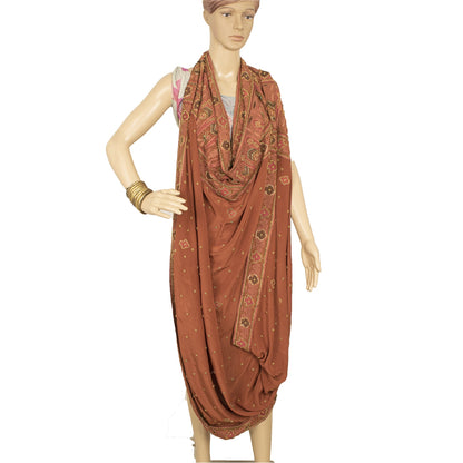 Sanskriti Vintage Rusty Orange Dupatta Long Stole Pure Crepe Silk Hand Beaded