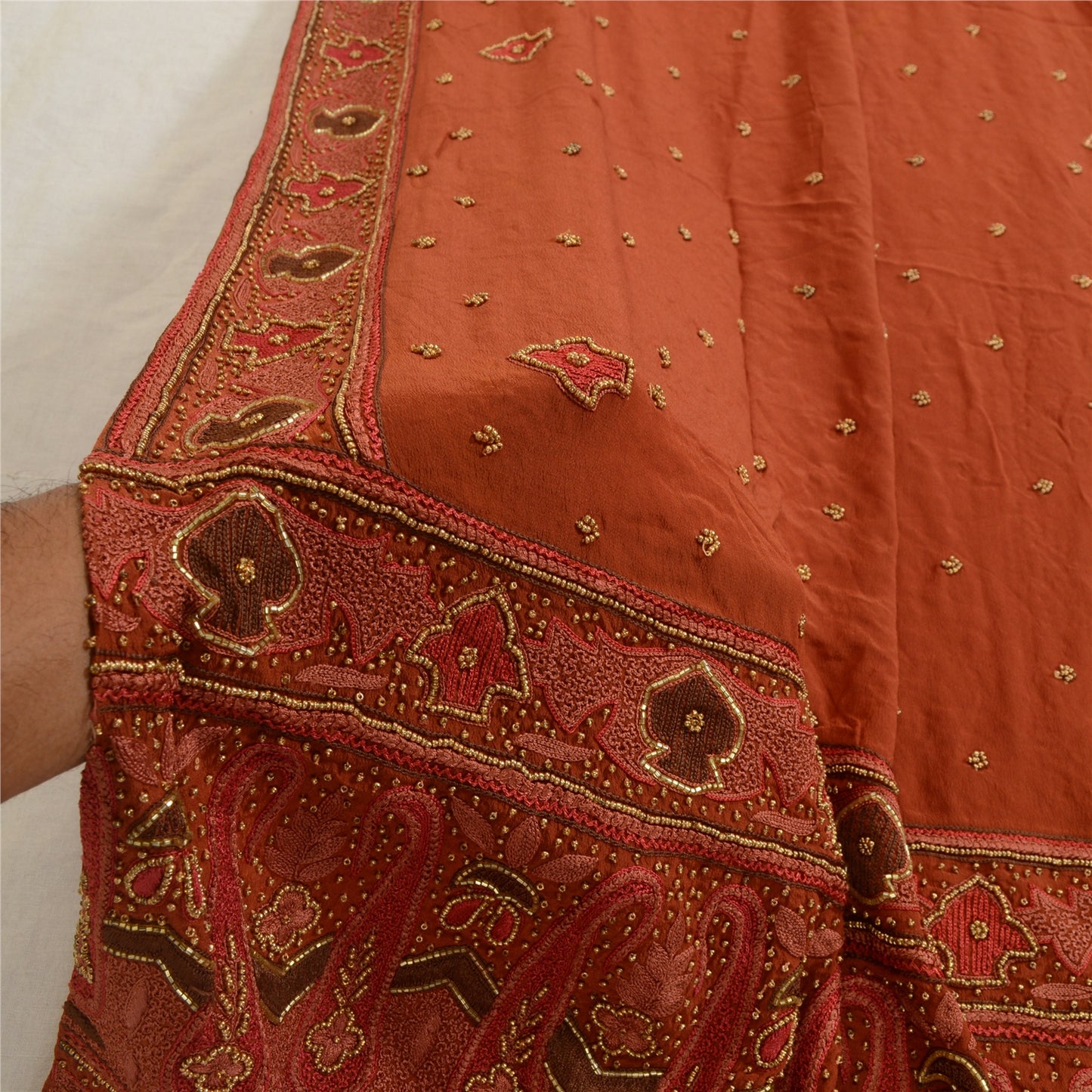 Sanskriti Vintage Rusty Orange Dupatta Long Stole Pure Crepe Silk Hand Beaded
