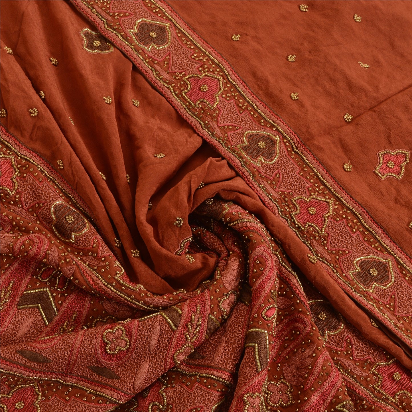 Sanskriti Vintage Rusty Orange Dupatta Long Stole Pure Crepe Silk Hand Beaded