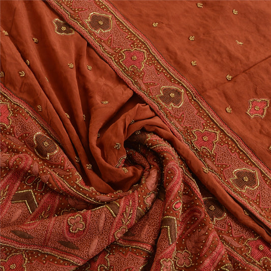 Sanskriti Vintage Rusty Orange Dupatta Long Stole Pure Crepe Silk Hand Beaded