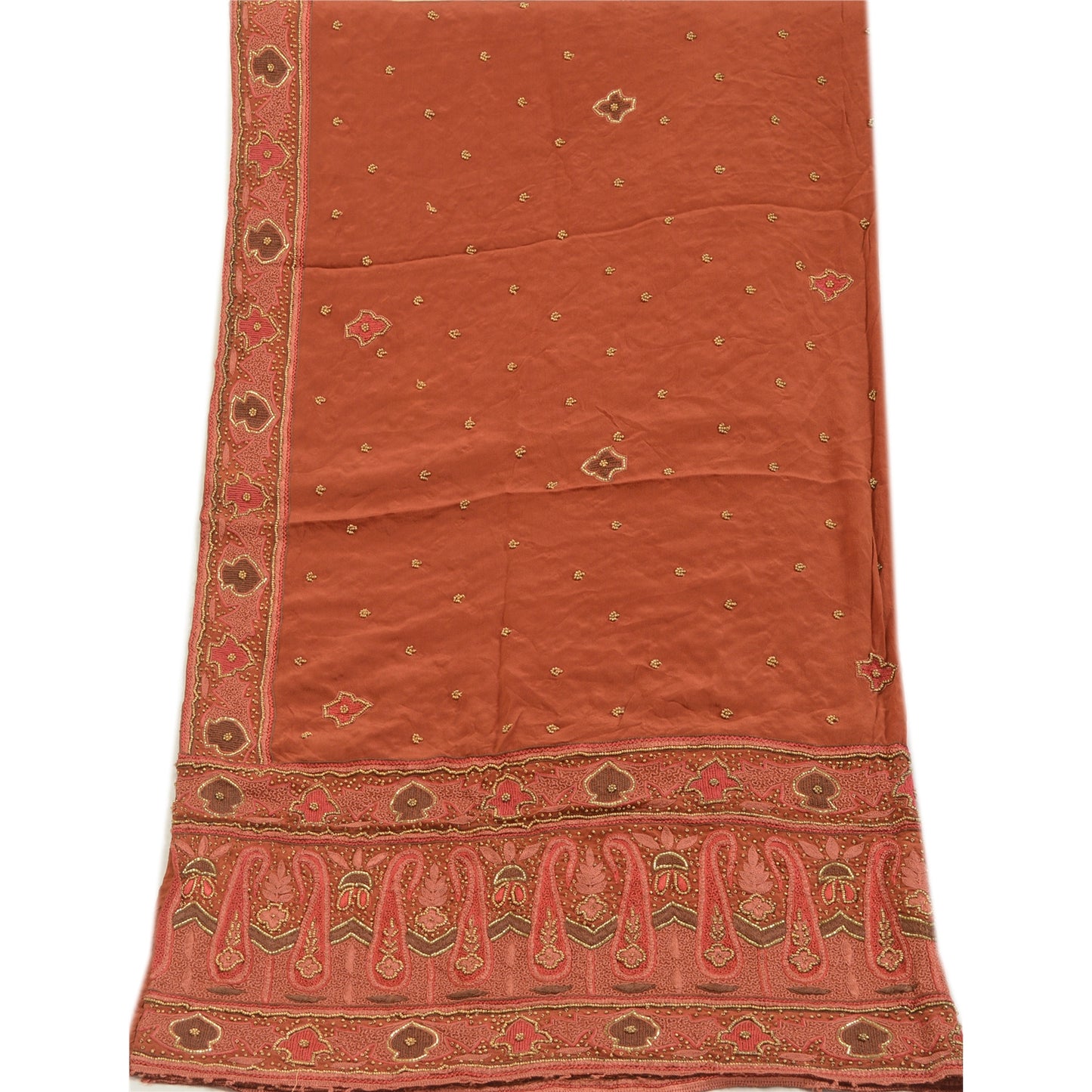 Sanskriti Vintage Rusty Orange Dupatta Long Stole Pure Crepe Silk Hand Beaded