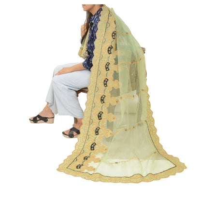 Sanskriti vintage Green Dupatta Long Stole Net Mesh Hand Beaded Zardozi Scarves