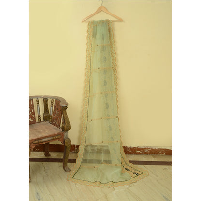 Sanskriti vintage Green Dupatta Long Stole Net Mesh Hand Beaded Zardozi Scarves
