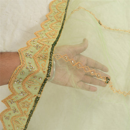 Sanskriti vintage Green Dupatta Long Stole Net Mesh Hand Beaded Zardozi Scarves