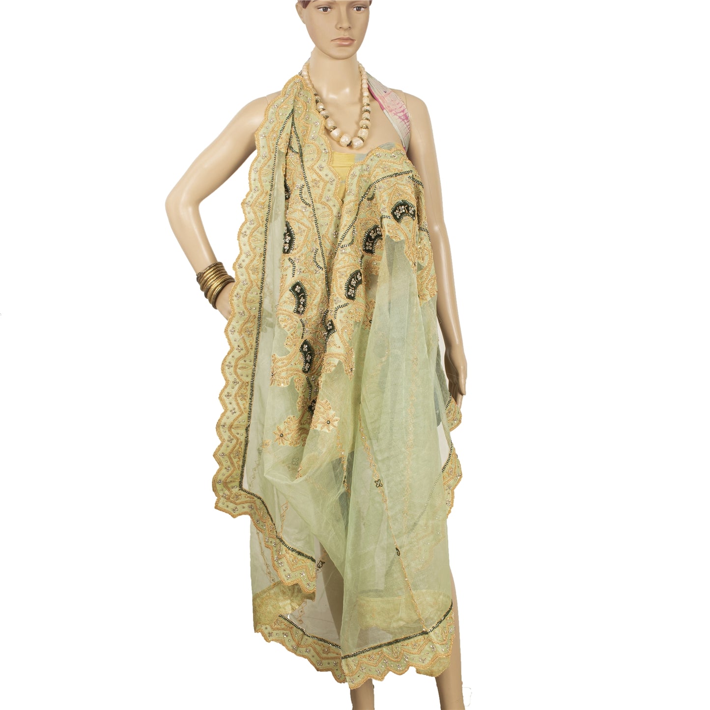 Sanskriti vintage Green Dupatta Long Stole Net Mesh Hand Beaded Zardozi Scarves