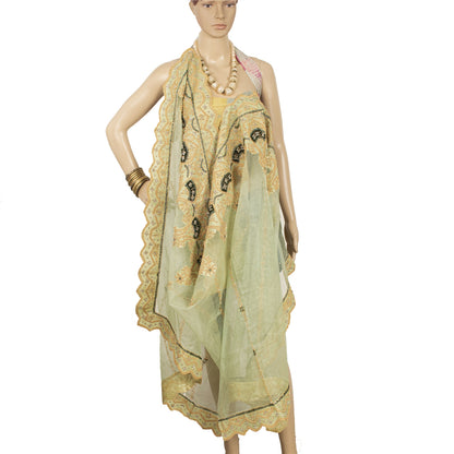 Sanskriti vintage Green Dupatta Long Stole Net Mesh Hand Beaded Zardozi Scarves