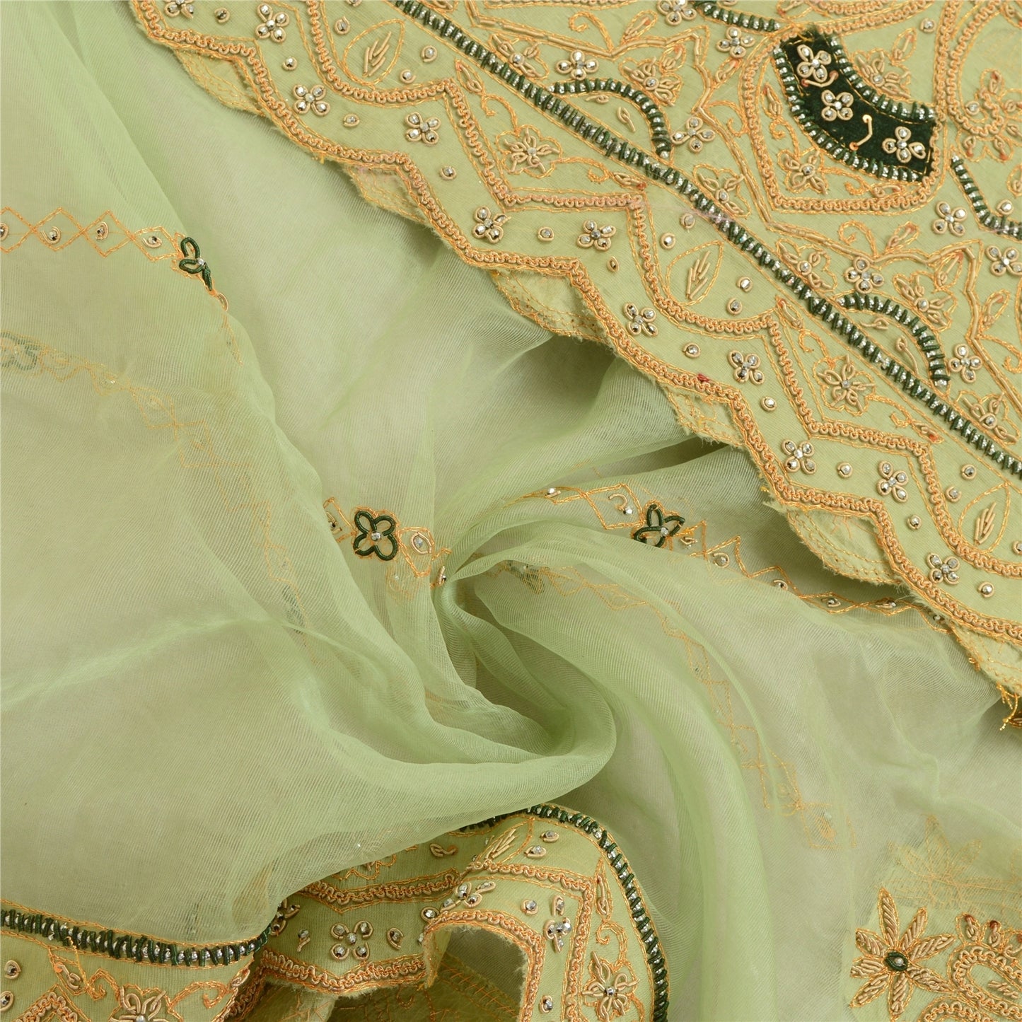 Sanskriti vintage Green Dupatta Long Stole Net Mesh Hand Beaded Zardozi Scarves
