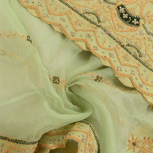 Sanskriti vintage Green Dupatta Long Stole Net Mesh Hand Beaded Zardozi Scarves