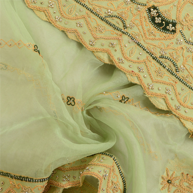 Sanskriti vintage Green Dupatta Long Stole Net Mesh Hand Beaded Zardozi Scarves