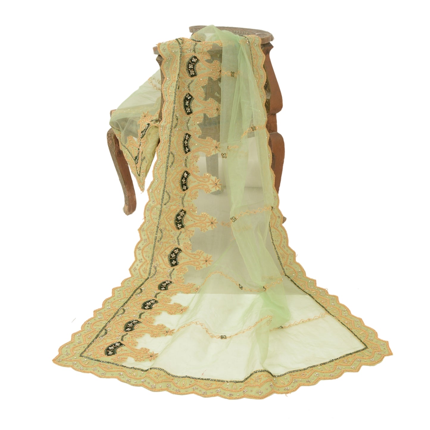 Sanskriti vintage Green Dupatta Long Stole Net Mesh Hand Beaded Zardozi Scarves