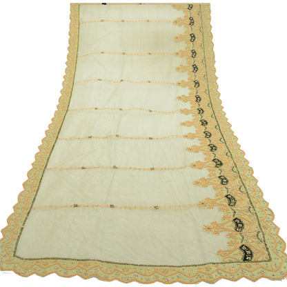 Sanskriti vintage Green Dupatta Long Stole Net Mesh Hand Beaded Zardozi Scarves