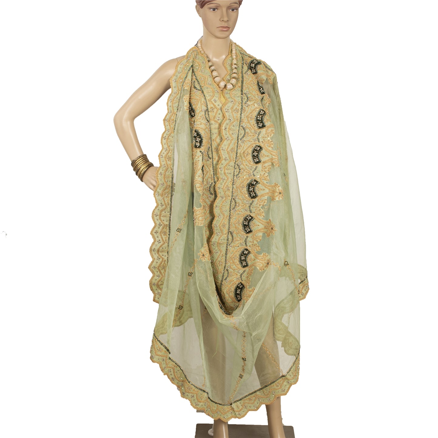 Sanskriti vintage Green Dupatta Long Stole Net Mesh Hand Beaded Zardozi Scarves