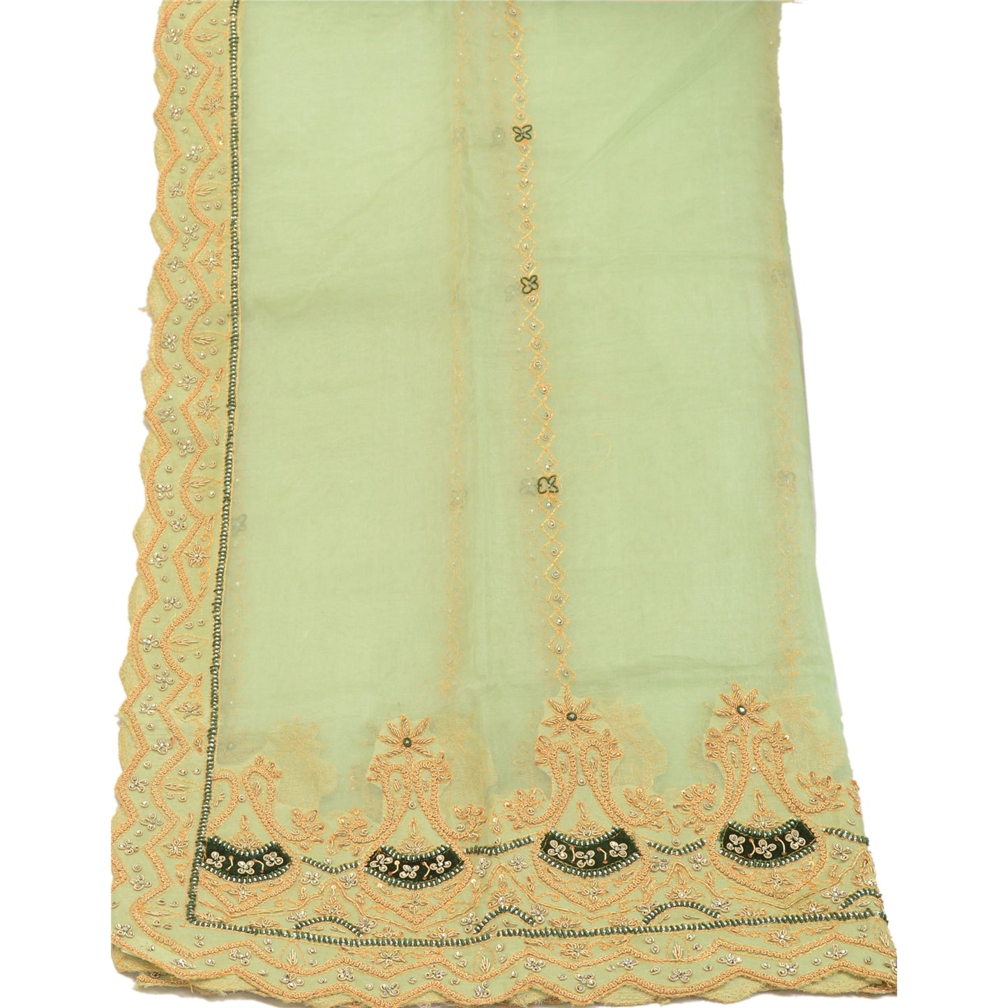 Sanskriti vintage Green Dupatta Long Stole Net Mesh Hand Beaded Zardozi Scarves