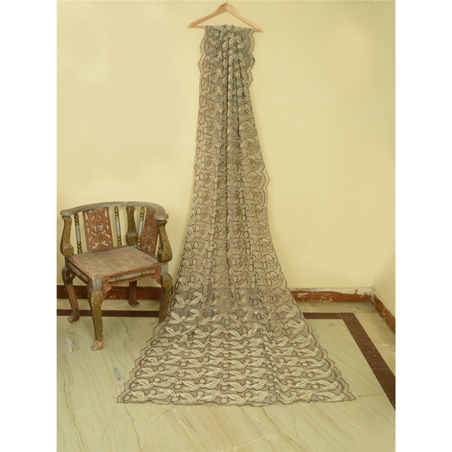 Sanskriti Vintage Golden Dupatta Net Fabric Stole Embroidered Patch Work Veil