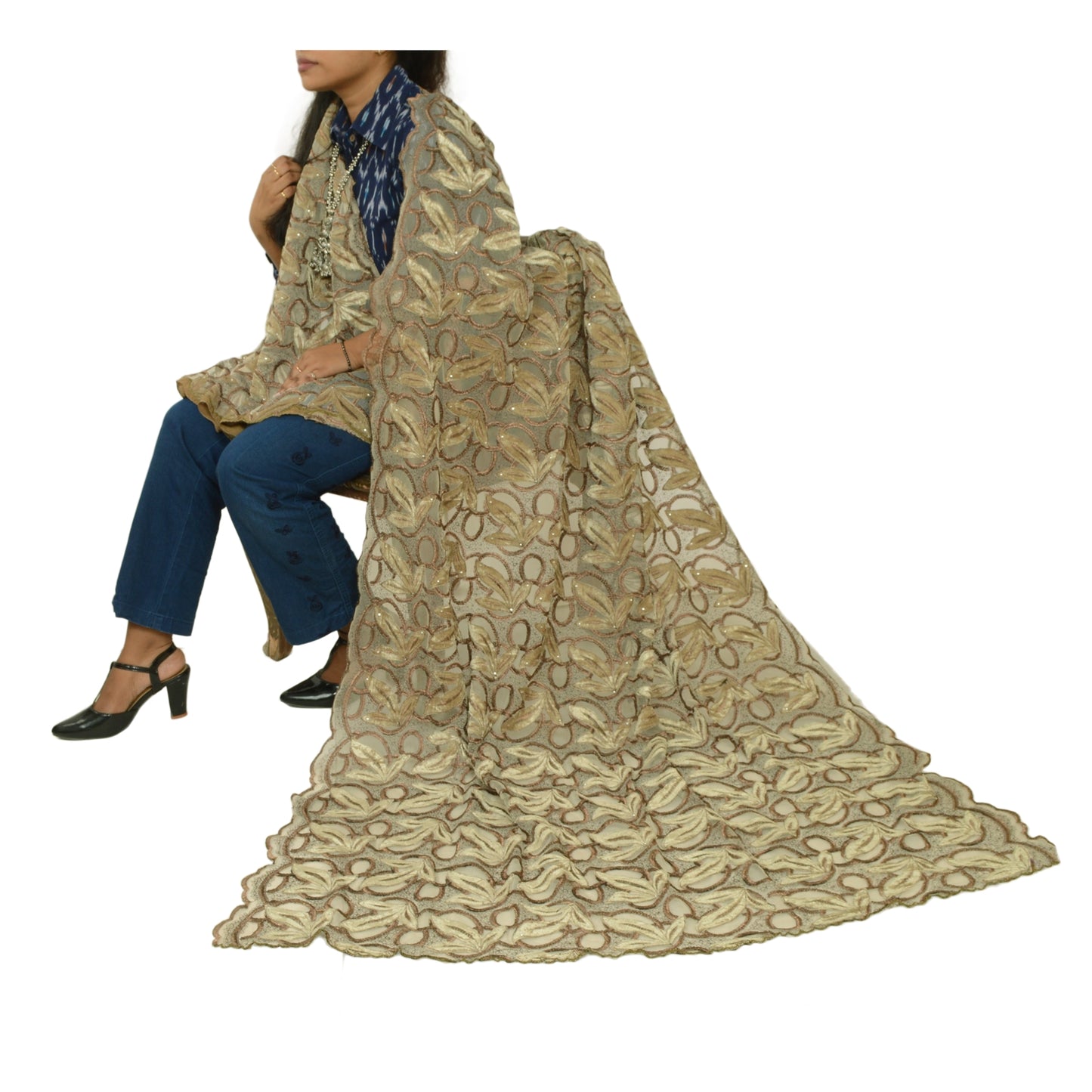 Sanskriti Vintage Golden Dupatta Net Fabric Stole Embroidered Patch Work Veil