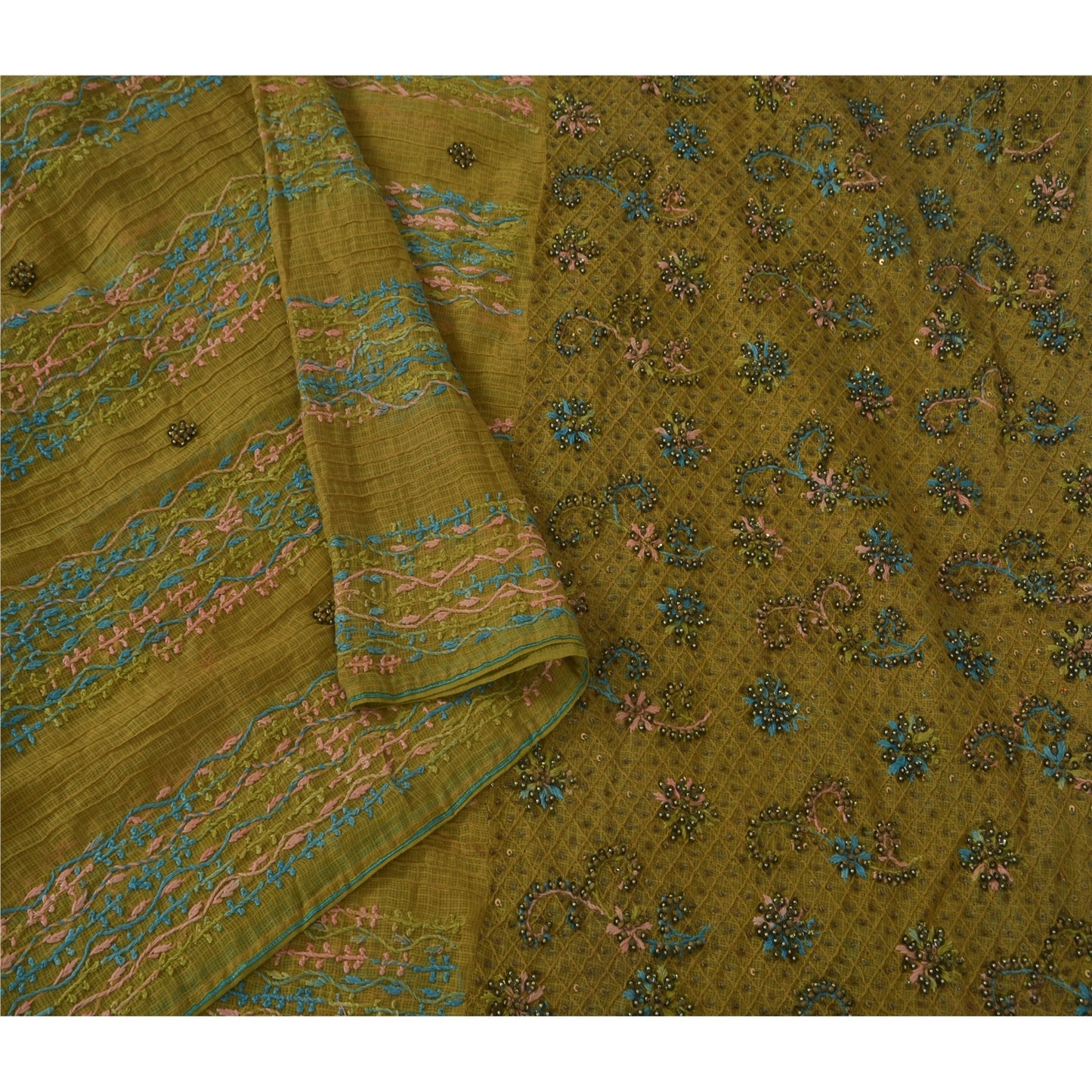 Sanskriti Vintage Green Long Dupatta Pure Cotton Hand Bead Chikankari Kota Stole