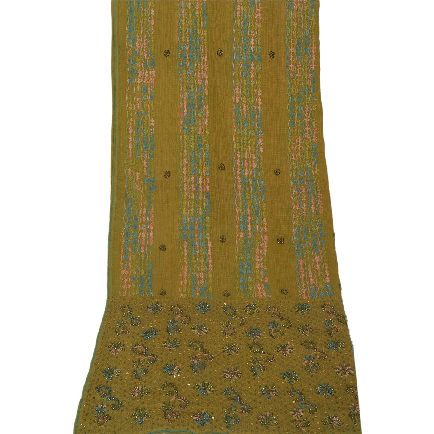 Sanskriti Vintage Green Long Dupatta Pure Cotton Hand Bead Chikankari Kota Stole