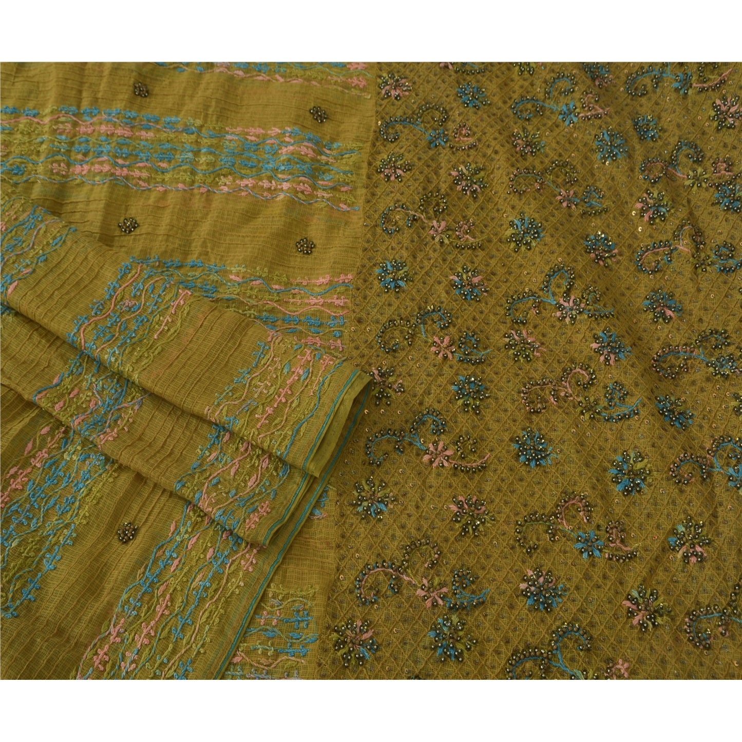 Sanskriti Vintage Green Long Dupatta Pure Cotton Hand Bead Chikankari Kota Stole