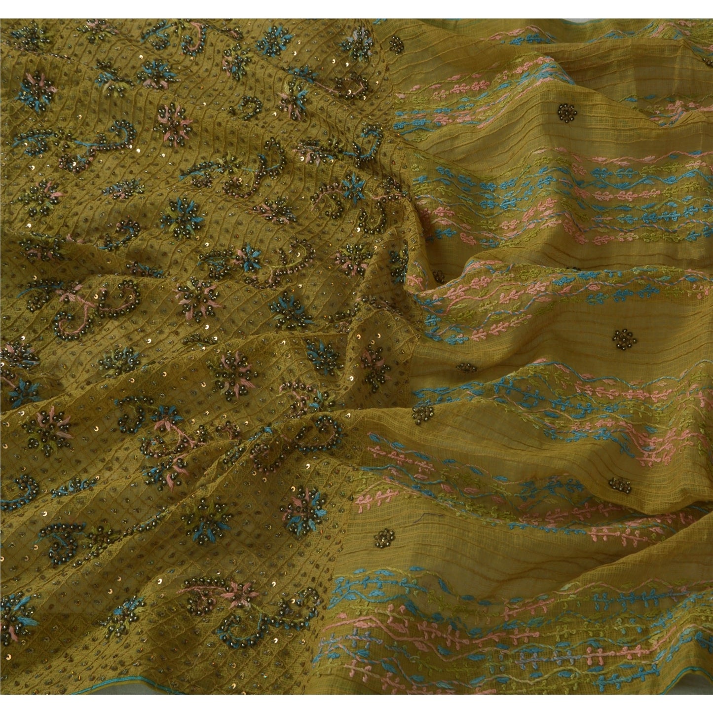 Sanskriti Vintage Green Long Dupatta Pure Cotton Hand Bead Chikankari Kota Stole