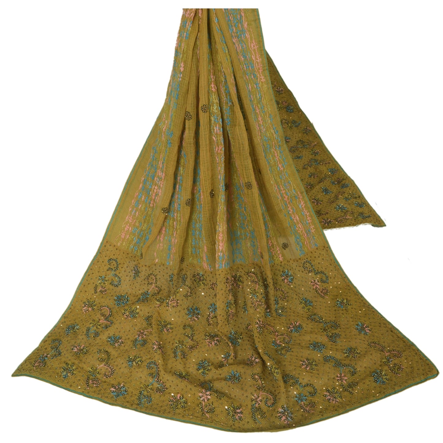 Sanskriti Vintage Green Long Dupatta Pure Cotton Hand Bead Chikankari Kota Stole