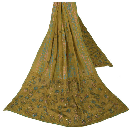 Sanskriti Vintage Green Long Dupatta Pure Cotton Hand Bead Chikankari Kota Stole
