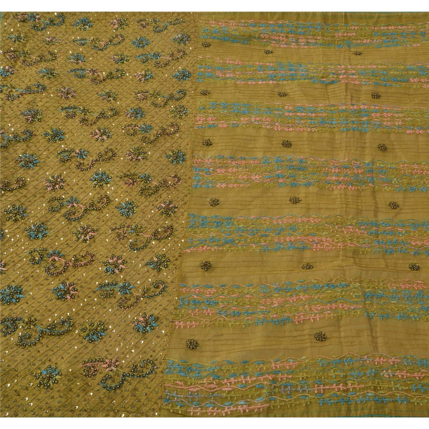 Sanskriti Vintage Green Long Dupatta Pure Cotton Hand Bead Chikankari Kota Stole
