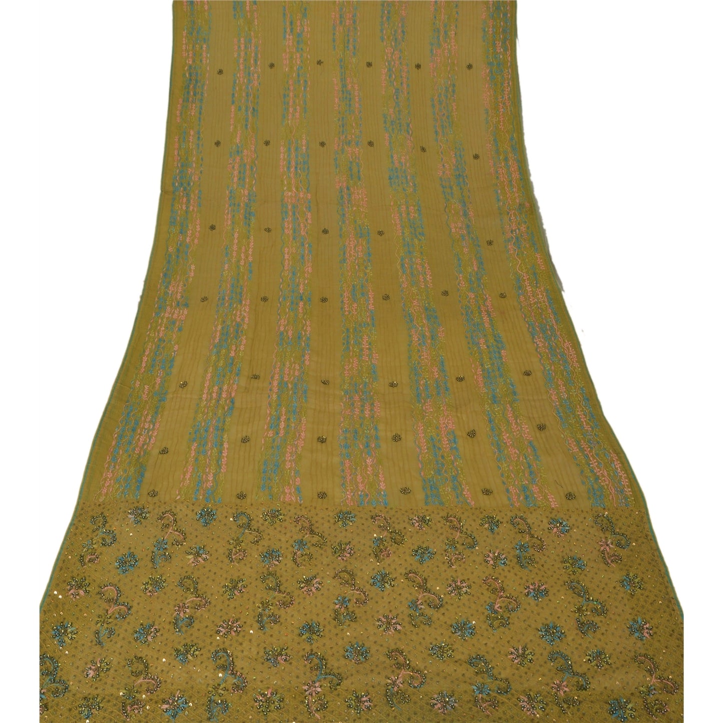 Sanskriti Vintage Green Long Dupatta Pure Cotton Hand Bead Chikankari Kota Stole