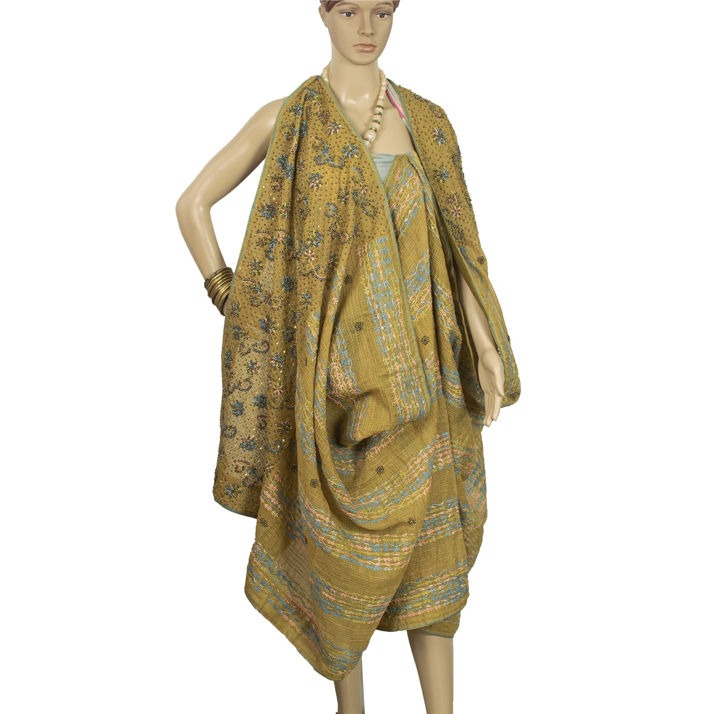 Sanskriti Vintage Green Long Dupatta Pure Cotton Hand Bead Chikankari Kota Stole