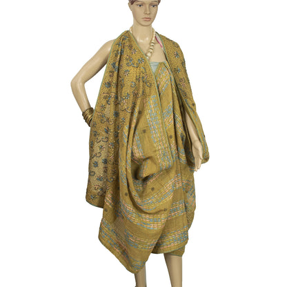Sanskriti Vintage Green Long Dupatta Pure Cotton Hand Bead Chikankari Kota Stole