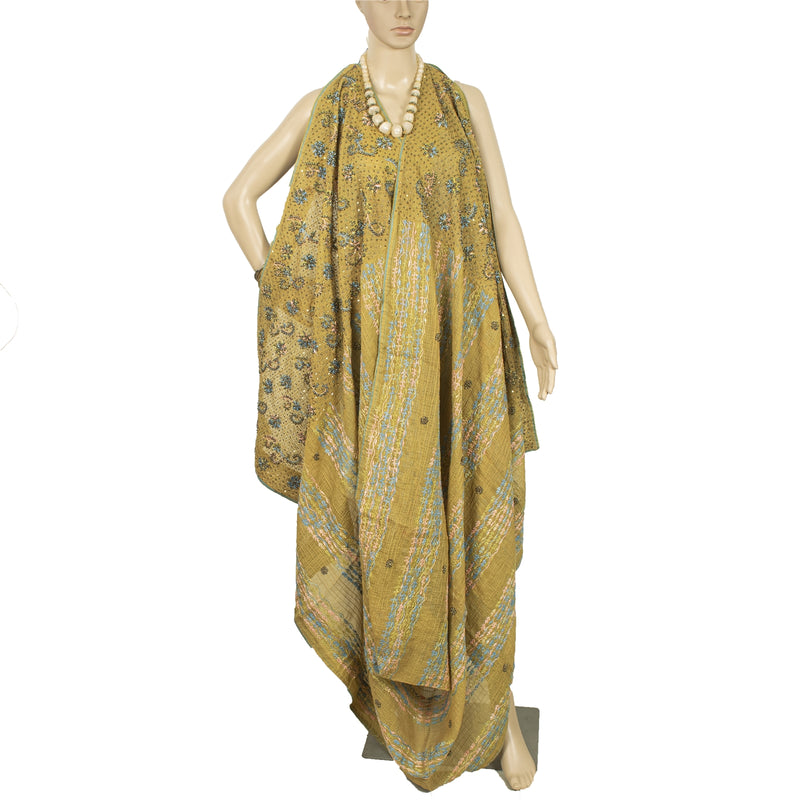 Sanskriti Vintage Green Long Dupatta Pure Cotton Hand Bead Chikankari Kota Stole
