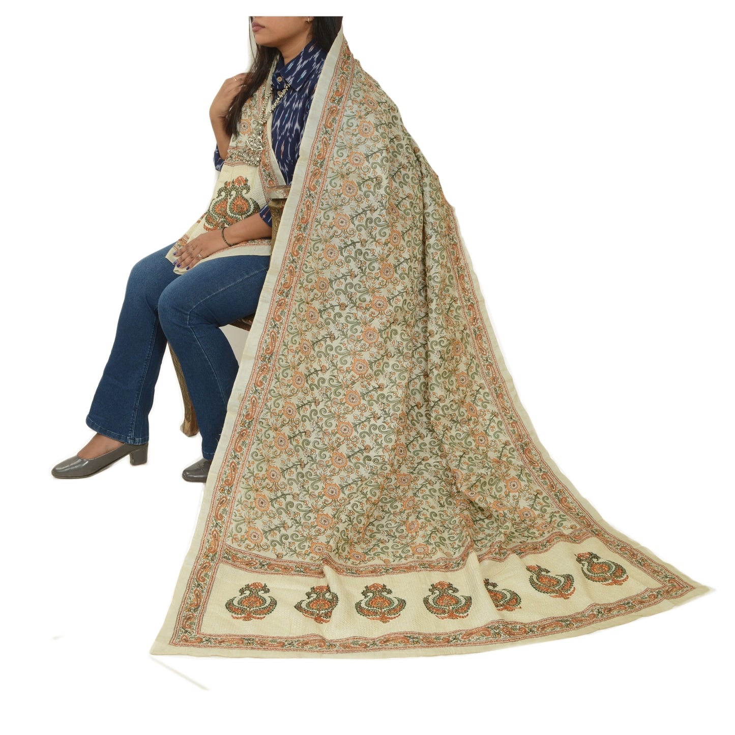 Sanskriti Vintage Dupatta/Stole Ivory Pure Silk Stole Hand Bead Party Zari Veil