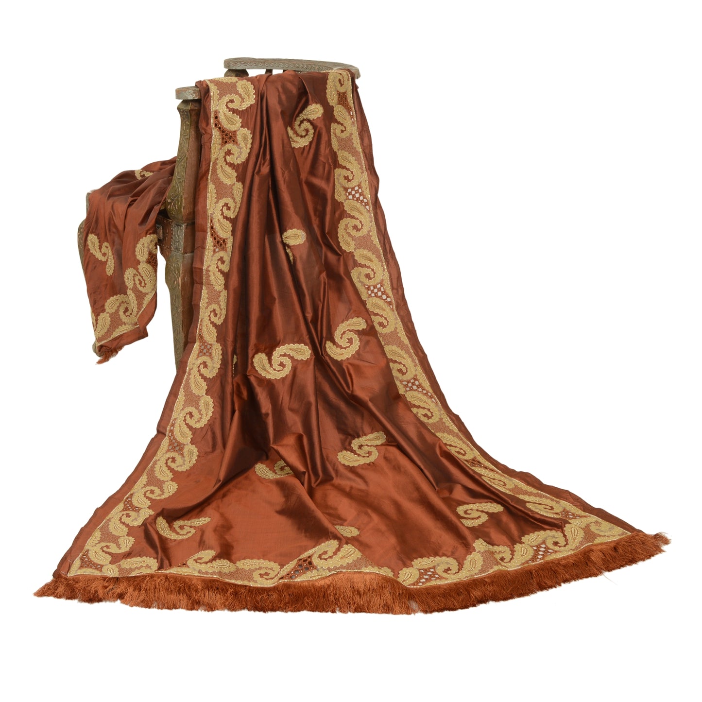Sanskriti Vintage Brun Dupatta 100% Ren Silke Stola Håndperlet Zari Wrap Slør