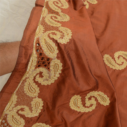 Sanskriti Vintage Brun Dupatta 100% Ren Silke Stola Håndperlet Zari Wrap Slør