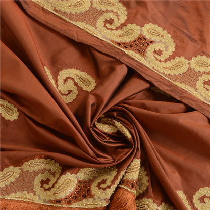 Sanskriti Vintage Brun Dupatta 100% Ren Silke Stola Håndperlet Zari Wrap Slør