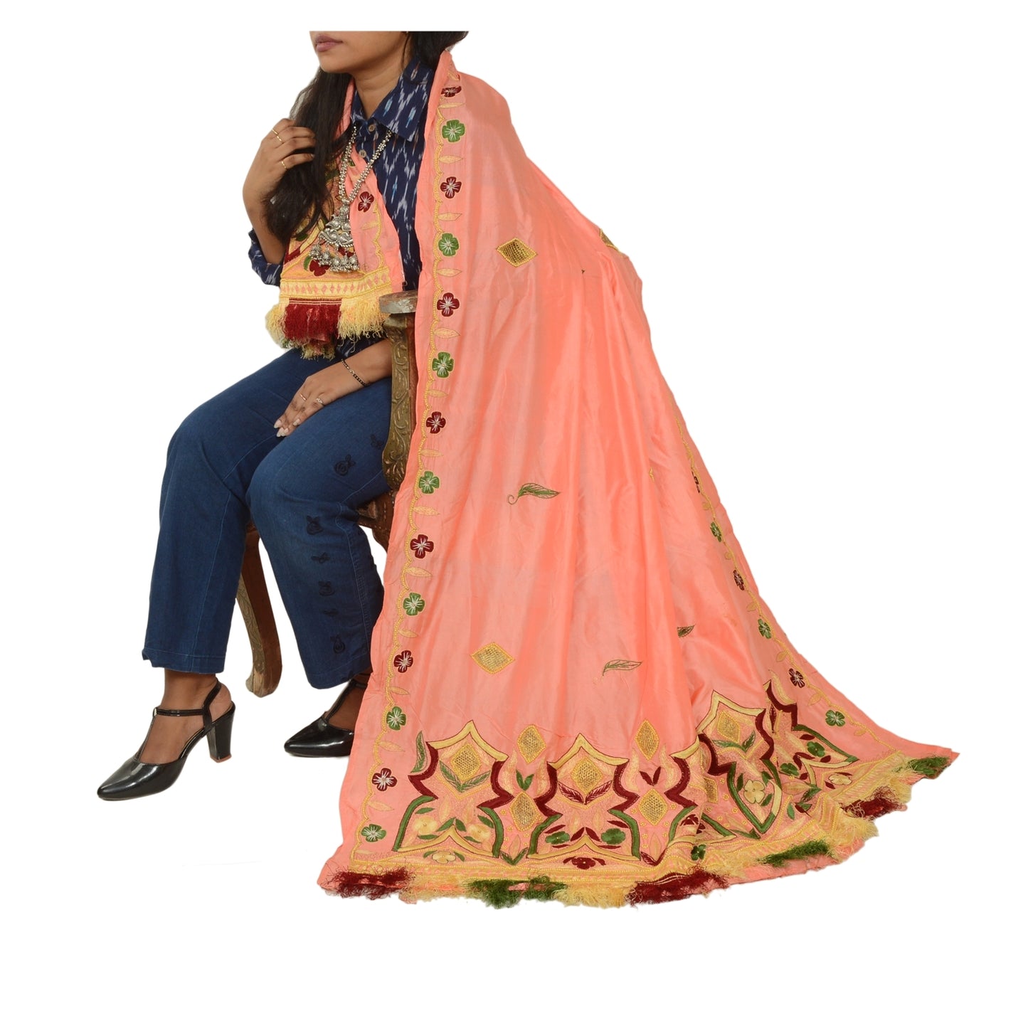 Sanskriti Vintage Peach Indian Dupatta Pure Silk Hand Beaded Pearl Beads Stole