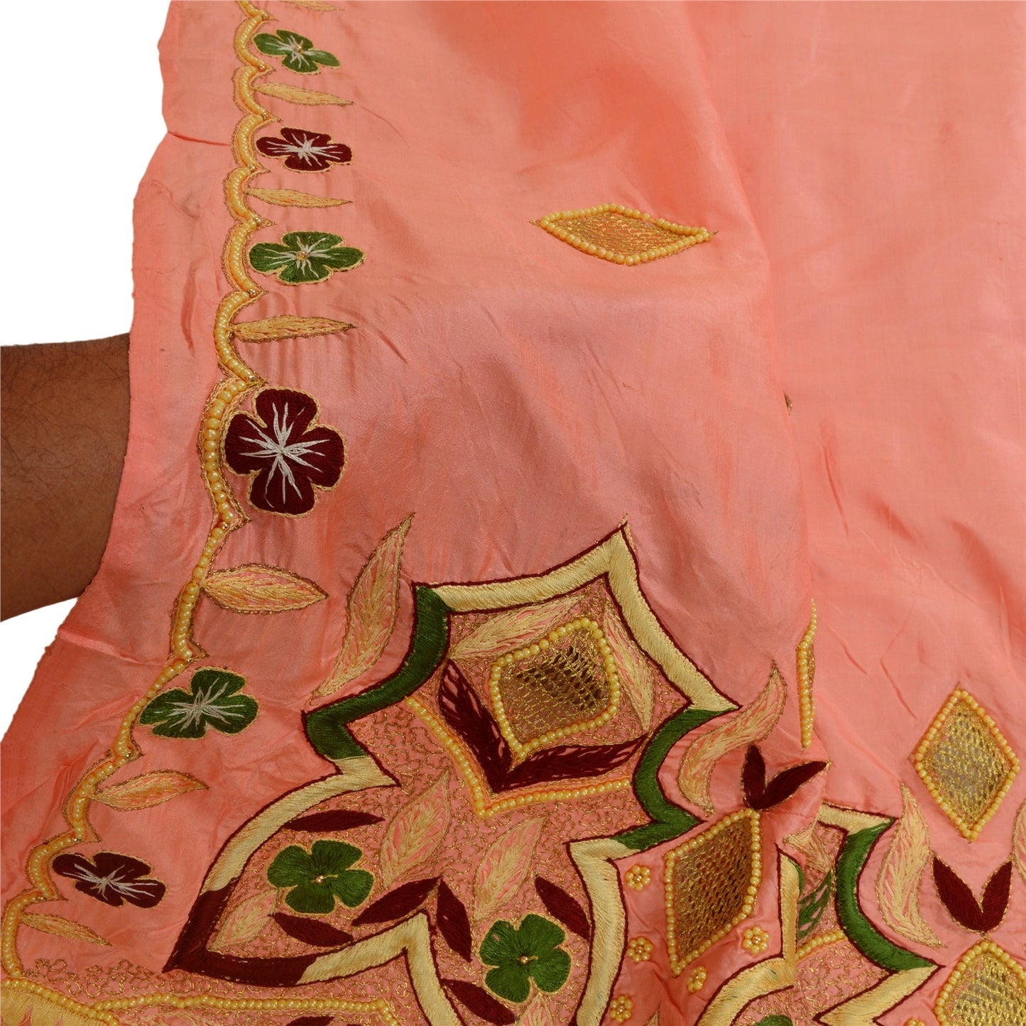 Sanskriti Vintage Peach Indian Dupatta Pure Silk Hand Beaded Pearl Beads Stole