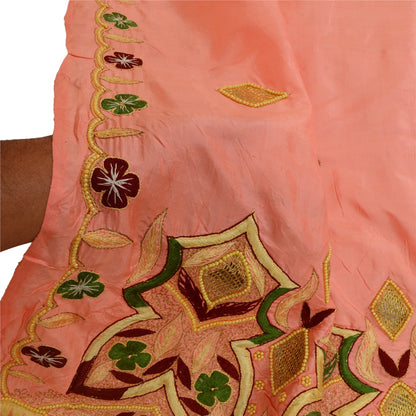 Sanskriti Vintage Peach Indian Dupatta Pure Silk Hand Beaded Pearl Beads Stole