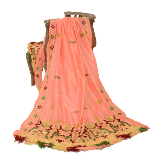 Sanskriti Vintage Peach Indian Dupatta Pure Silk Hand Beaded Pearl Beads Stole