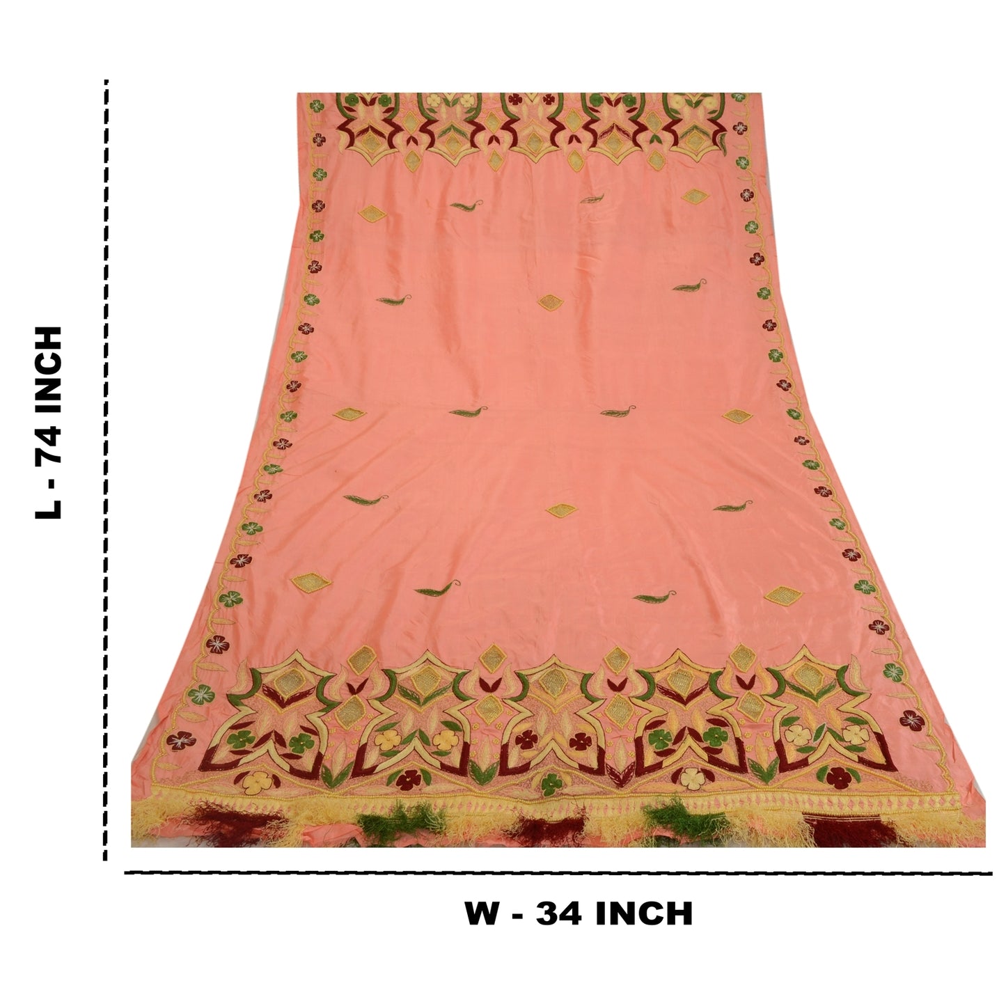 Sanskriti Vintage Peach Indian Dupatta Pure Silk Hand Beaded Pearl Beads Stole