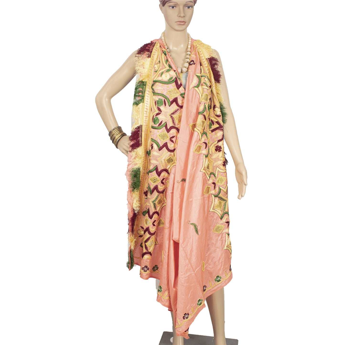 Sanskriti Vintage Peach Indian Dupatta Pure Silk Hand Beaded Pearl Beads Stole